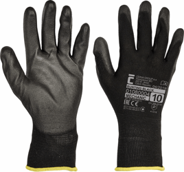 Gebreide naadloze nylon handschoenen met dunne PU laag in de handpalm en op de vingers en elastische manchet. artikel afbeelding
