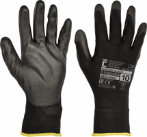 Gebreide naadloze nylon handschoenen met dunne PU laag in de handpalm en op de vingers en elastische manchet. artikel afbeelding