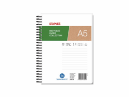 Staples Spiraalblok, A5+, Gerecycled, Gelinieerd, 80 g/m2, 80 vel (pak 5 stuks)