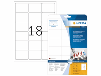 Herma Verwijderbaar papieretiket, 63,5 x 46,6 mm, 25 vellen, 18 etiketten per A4-vel, wit (pak 450 stuks) artikel afbeelding