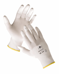 Naadloos rondgebreide nylon handschoenen met gedipte PU vingertopcoating en manchet. artikel afbeelding