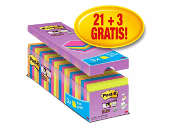 Post-it® Blok Super Sticky Notes 76 x 76 mm, diverse kleuren, verpakking van 24, 90 vel (pak 24 blokken) artikel afbeelding