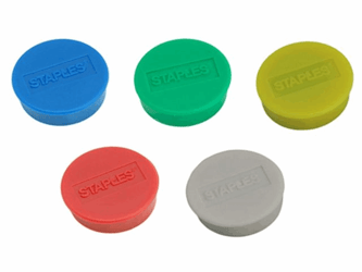 Staples Verpakking met 10 ronde, met diverse kleuren magneten van 25 mm met een magnetische kracht 425 gram/m² (doos 10 stuks) artikel afbeelding