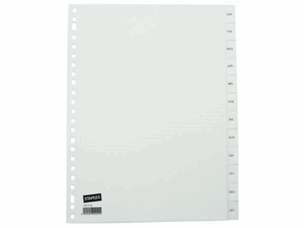 Staples Tabbladen wit kunststof 23 rings, A4, bedrukte tabs, januari-december (set 12 vel) artikel afbeelding