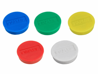 Staples Verpakking met 10 ronde, met diverse kleuren magneten van 30 mm met een magnetische kracht 850g ram/m² (doos 10 stuks) artikel afbeelding
