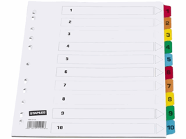 Staples Tabbladen wit karton, met gekleurde tabs 11 rings, A4, bedrukte tabs, 1-10 (set 10 vel)