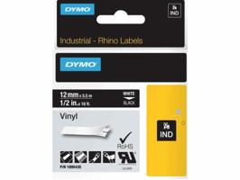 Dymo Rhino labeltape 12mmx5.5m wit op zwart 18054