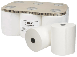 Euro Matic handdoekrol, 150 meter x 21 cm, 2-laags verlijmd, 100% cellulose, 6 rollen per foliepak, voorzien van ECO-keurmerk