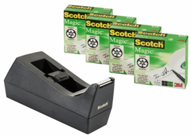 Plakbandhouder Scotch C38 zwart + 4 rollen magic tape 19mmx33m