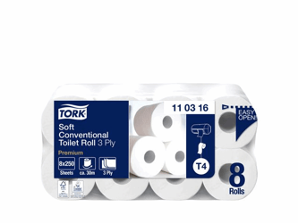 Tork Premium T4 standaard rol toiletpapier, 3-laags, 250 vel, reliëf, wit (pak 8 rollen) artikel afbeelding