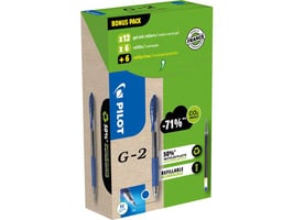 Pilot G-2 Gelpen Rolschrijver, Greenpack 12 Pennen en 12 Navullingen, Medium Punt 0.7 mm, Blauw (doos 12 stuks)