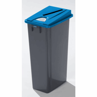 Robuuste verzamelbak voor recyclebaar materiaal met deksel inhoud 80 l, plat deksel (Breedte: 340 mm; Dekselkleur: blauw; Diepte: 470 mm; Hoogte: 830 mm; Kleur afvalbak: grijs; Uitrusting: met deksel; Uitvoering inworp: inwerpsleuf, afvalpictogrammen)